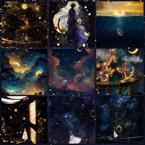 Blue And Gold Space Aesthetic, Mystical Mood Board, Moon Board Design, Night Color Palette Illustration, Moon Moodboard Aesthetic, Space Moodboard Aesthetic, God Moodboard, Celestial Moodboard, Magical Color Palette