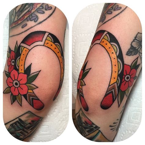 Horseshoe Elbow Tattoo, Horseshoe Traditional Tattoo, Shoe Tattoo, Horseshoe Tattoo, Horse Shoe Tattoo, Elbow Tattoo, Possible Tattoo, Elbow Tattoos, Tattoo Board