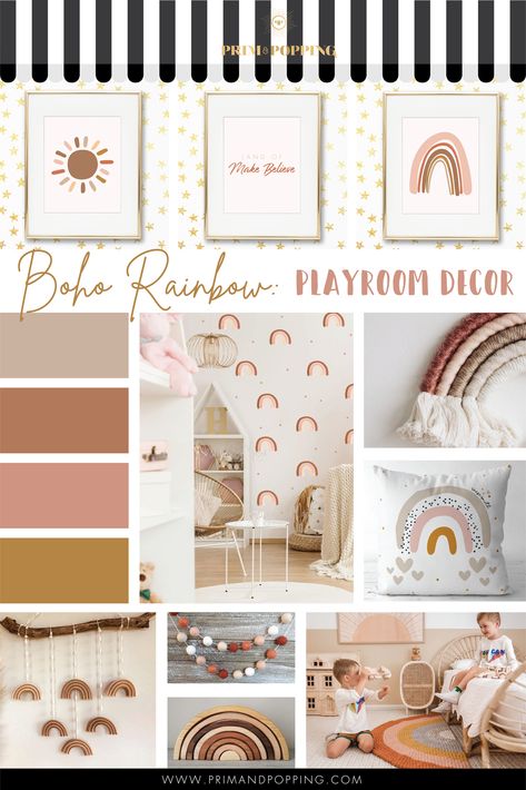 Inspiration: Boho Rainbow Playroom Decor Boho Rainbow Playroom, Boho Rainbow Bedroom, Rainbow Nursery Theme, Land Of Make Believe, Macrame Rainbow Wall Hanging, Boho Rainbow Print, Rainbow Playroom, Boho Rainbow Wall, Rainbow Bedroom