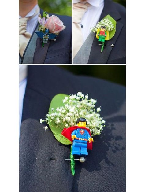 For DIY, Lego superheros can be easier to find and more affordable than actual action figures Superhero Wedding Theme, Alternative Buttonholes, Wedding Themes Ideas, Comic Book Wedding, Lego Wedding, Nerd Wedding, Superhero Wedding, Geek Wedding, Chocolate Wedding Favors