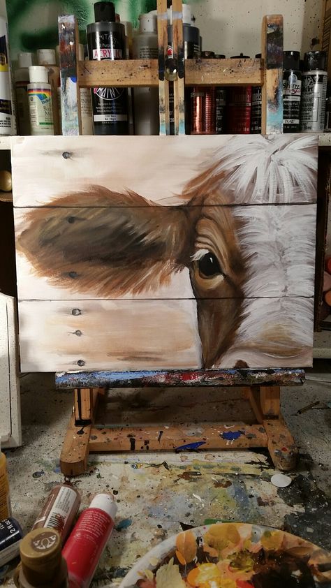 Farmhouse Animal Paintings, Diy Cow Painting Easy, Diy Cow Canvas Painting Easy, Cow Paintings On Canvas Easy, Western Diy Paintings, How To Paint A Cow Step By Step, Diy Cow Painting, Farm Animal Canvas Painting, Easy Cow Painting Simple