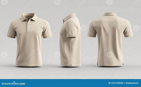 A plain beige polo shirt shown from three different angles: front, side, and back, highlighting the simple design and neutral color Red Frame Glasses, Abstract Animal Art, Shirt Display, Beige T Shirts, Polo Shirt Design, Color Illustration, Different Angles, Red Scarves, Red Frame