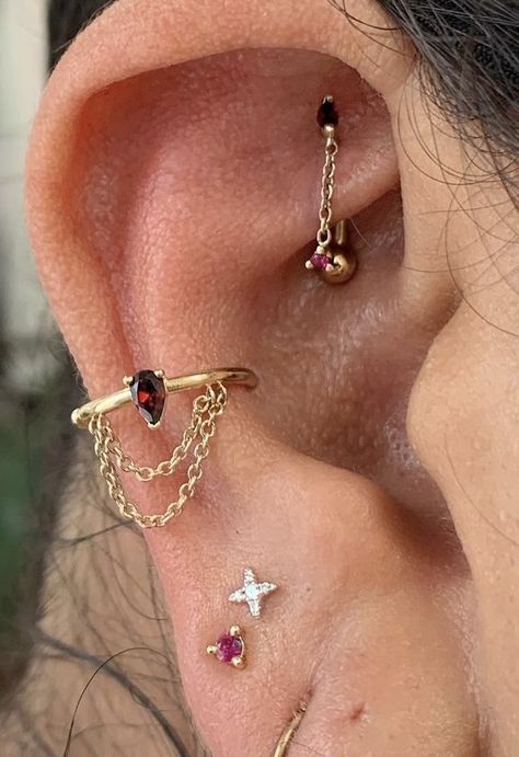 Red Piercing Jewelry, Garnet Ear Piercings, Goth Ear Stack, Red Earring Stack, Red Piercing, Piercing Styles, Ear Styling, Ear Curation, Constellation Earrings