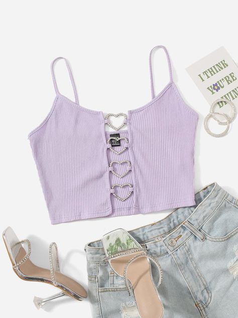 Cute Crop Tops For Summer, Crop Top Lila Outfit, Shein Tops Outfit, Top Corazon, Crop Top Corto, Cute Shein Tops, Shein Crop Tops, Crop Top Mujer, Cropped Shein