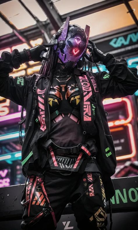 The image shows a person wearing a black and pink cyberpunk-style outfit. The outfit includes a black jacket with pink and green stripes, a black and pink bodysuit, and a black helmet with a pink visor. The person is also wearing a pair of black gloves and a pair of black boots. They are standing in a dark, neon-lit room. Utopia Outfit, Neon Cyberpunk Outfit, Pink Cyberpunk Outfit, Pink Techwear, Cyberpunk Style Outfit, Cyberpunk Outfit Male, Cyberpunk Fits, Cyberpunk Wear, Pink Cyberpunk