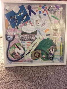 Nursing shadow box I made after my RN degree :) Shadow Box Nursing School, Nurse Shadow Box Graduation, Nursing Project Ideas, Nursing Shadow Box Ideas, Nursing School Shadow Box Ideas, Nurse Shadow Box Ideas, Medical School Graduation Party Ideas, Shadow Box Graduation, Nursing School Graduation Pictures