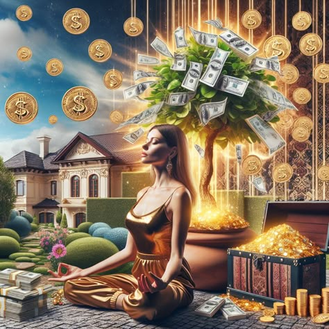 Experience the power of manifestation with our vibrant image of overflowing wealth. It features a meditator, with an aura speckled with treasures, showing money manifesting from thought. Learn more about wealth manifestations below! #WealthManifestation #LawOfAttraction #Meditation #FinancialFreedom #PositiveThinking #Visualisation Money Overflow, Dollars Money Wallpaper, Abundance Images, Zodiac Leo Art, Meditation Guide, Money Manifest, Money Prayer, Power Of Manifestation, Lucky Wallpaper