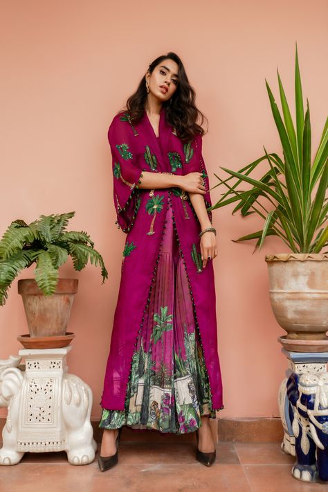 A Tree Affair | Arjumand Bano Western Ootd, Magenta Fabric, Leopard Belt, Belt Pants, Kameez Designs, Kaftan Designs, Lehnga Dress, Salwar Kamiz, Color Magenta