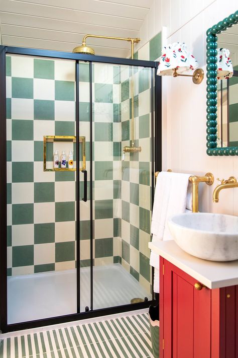 Checkered Wall Tiles Bathroom, Chequered Tiles Bathroom, Mismatched Tiles Bathroom, Fun Tiles Bathroom, Fun Tiny Bathroom, Checkered Tile Bathroom Wall, Checkerboard Tiles Bathroom, Checkered Tile Shower Walls, Colourful Shower Room