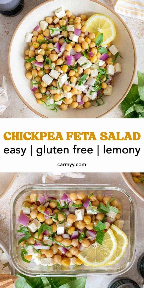 Chickpea Feta Salad, Chickpea Feta, Vegetarian Salad, Basil Vinaigrette, Leafy Salad, Bbq Side, Vegetarian Salad Recipes, Vegetarian Salads, Easy Salad