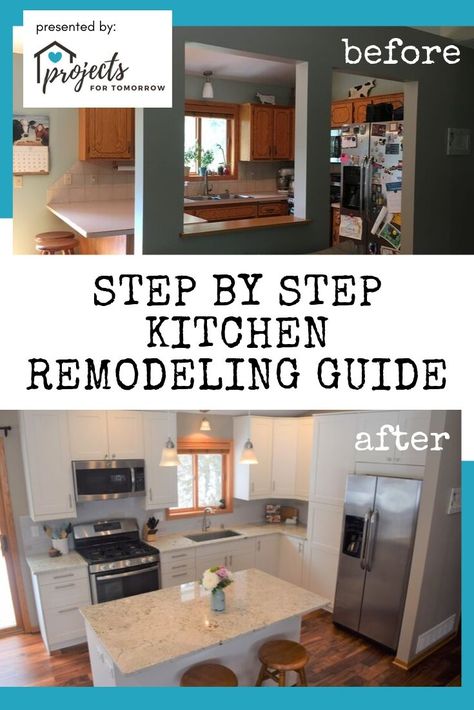 Projects for Tomorrow presents your new Step by Step Kitchen Remodeling Guide.  From kitchen design to completion, you can see all of the elements that go into a kitchen remodel. Full transparency from one homeowner to another! Kitchen Remodel Step By Step, Kitchen Remodel Floor Plans, Closed Kitchen Design, Kitchen Renovation Diy Ideas, Kitchen 2022, Kitchen Remodel Pictures, Full Kitchen Remodel, Closed Kitchen, Renovation Kitchen