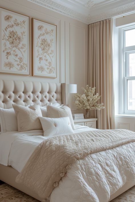 Charm your way to a beautiful bedroom with these enchanting beige and white bedroom ideas, perfect for a magical makeover. Beige And White Bedroom Ideas, Cream And White Bedroom, White Bedroom Ideas, Beige Bedroom, Gold Bedroom, Bedroom Decor Inspiration, Bedroom Color, Beautiful Bedroom, Elegant Bedroom