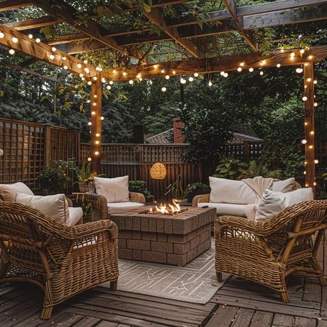 Rustic patio with wicker armchairs around fire pit, surrounded by wood fencing and greenery Patio Sanctuary, Peaceful Backyard, Patio Retreat, Cozy Fire Pit, Fire Pit Seating Area, Wood Fencing, Wicker Armchair, Fire Pit Seating, Beautiful Patios