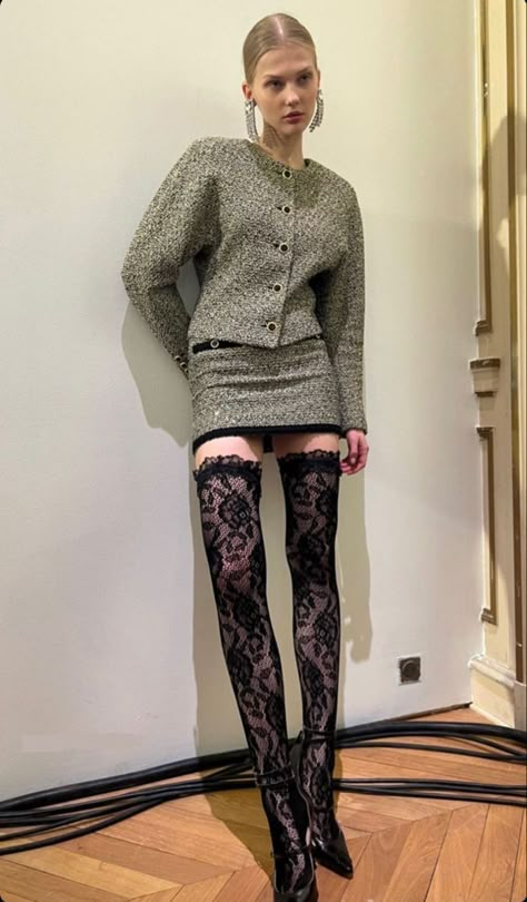 High Feminine Aesthetic, Vintage Designer Outfits, Romantic Style Fashion Inspiration, Fashion Ss23, Lace Stockings Outfit, Lace Stockings, Winter Styles, Winter 23, Denim On Denim