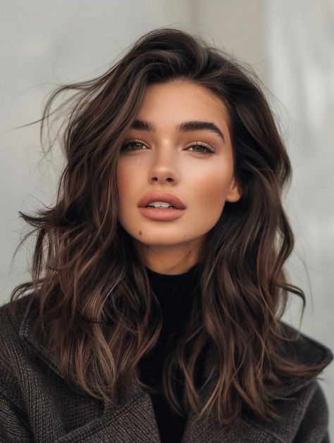 Wavy On Short Hair, Beach Wave Brunette Hair, Dark Brunette Hair Styles, Messy Waves Hairstyle, Blow Out Curls On Brown Hair, Textures Haircut Medium, 2023 Women’s Hair Color, Women's Medium Haircuts, Romantic Curls Medium Hair