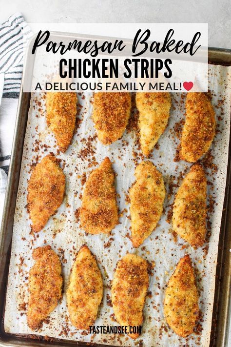 This Parmesan Baked Chicken Strips recipe is a sure-fire crowd pleaser!! Golden on the outside and tender and juicy on the inside... coated in a cheesy crust with a marinara dipping sauce, these baked chicken tenders are an easy and delicious meal the whole family will love! Chicken Tender Parmesan Recipe, Chicken Breast Strips Recipes, Chicken Tenders Oven, Parmesan Baked Chicken, Healthy Chicken Strips, Chicken Tender Recipes Baked, Baked Chicken Tenderloins, Marinara Dipping Sauce, Gluten Free Chicken Tenders