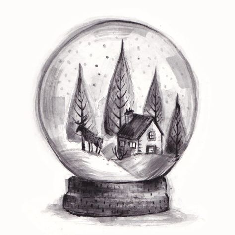 Kass Reich Illustration Globe Drawing, Christmas Drawing Ideas, Reindeer Drawing, Xmas Drawing, Christmas Sketch, Winter Drawings, Christmas Snow Globes, Card Drawing, Art Drawings Sketches Creative