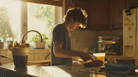 Morning Kitchen Preparations: A young individual focused on slicing bread in a sunlit kitchen during a peaceful morning. #kitchen #sunrise #cooking #youth #morning #aiart #aiphoto #stockcake ⬇️ Download and 📝 Prompt 👉 https://stockcake.com/i/morning-kitchen-preparations_367315_126773 Sunlit Kitchen, Morning Kitchen, Peaceful Morning, Short Films, Black Abstract, Creative Words, Summer Baby, Short Film, Free Photos