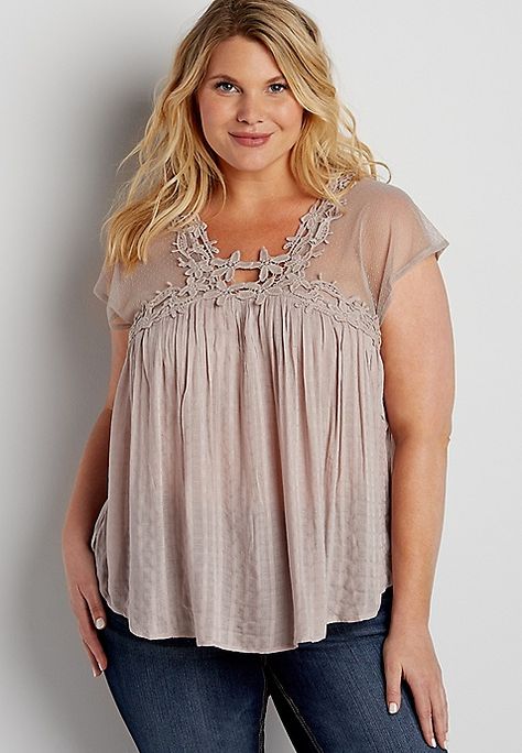 plus size lightweight top with mesh and crochet | maurices Maurices Outfits, Plus Size Blouses For Women, Plus Size Tops For Women, Look Plus Size, Plus Size Clothes, Plus Size Fashion For Women, Lightweight Tops, Plus Size Wedding, Plus Size Womens Clothing