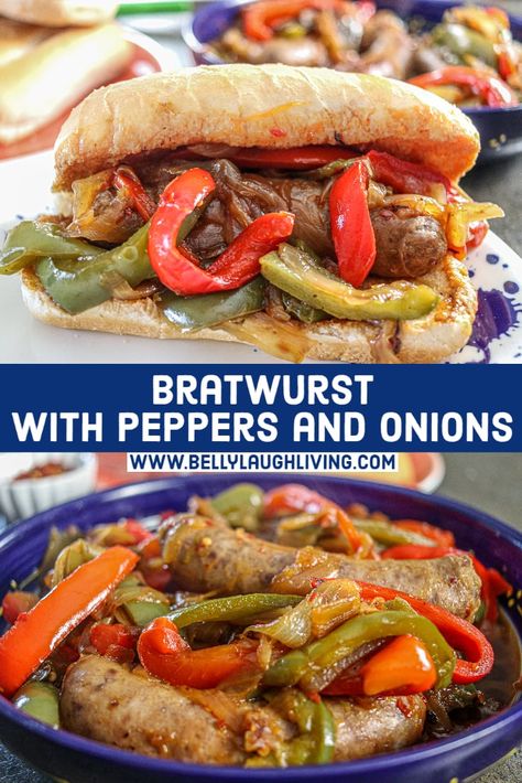 Bratwurst Dinner, Sausage Sandwich Recipes, Brat Sausage, Brats Recipes, Bratwurst Recipes, Sausage Peppers And Onions, Bratwurst Sausage, On A Bun, Sausage Sandwiches