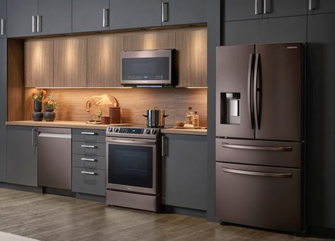 Samsung appliances are now available in an elegant new finish: Tuscan Stainless Steel. The design-forward color will complement any palette in any kitchen. Samsung Kitchen Appliances, Samsung Kitchen, Tuscan Kitchens, Appliance Storage, Stainless Steel Kitchen Appliances, Kitchen Appliance Storage, Samsung Appliances, Bespoke Kitchen Design, Tuscan Design