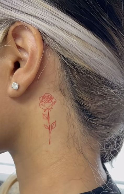 Rose Tattoo Behind Ear, Rose Neck Tattoo, Flower Neck Tattoo, Rose Tattoo With Name, Red Flower Tattoos, Purple Rose Tattoos, Behind Ear Tattoos, Red Heart Tattoos, Tattoo Behind Ear