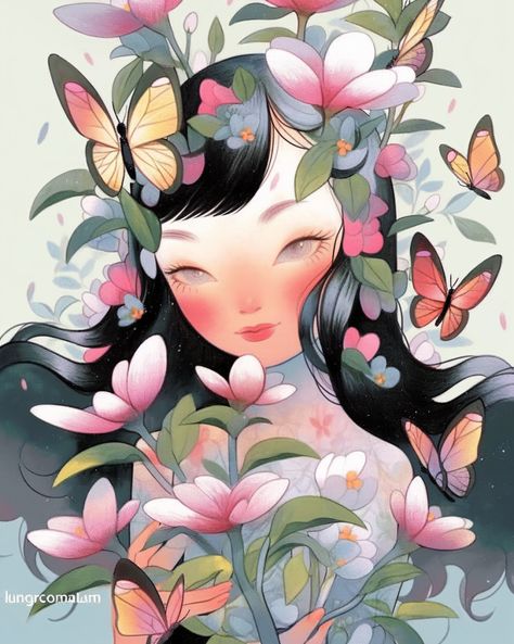 A girl surrounded by a garden of colourful flowers and fluttering butterflies Natural Drawing, Fantasy Nature, Fluttering Butterflies, Colourful Flowers, Girl Illustration, Nature Garden, Girls Illustration, Colorful Flowers, Digital Illustration