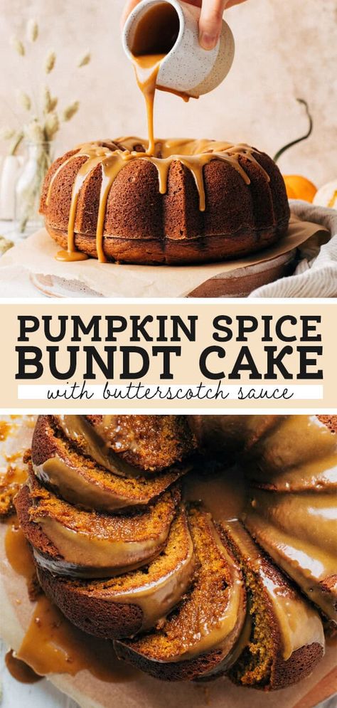 This moist pumpkin bundt cake is accompanied but a homemade butterscotch sauce, both baked into the batter and drizzled on top. It adds a unique flavor that pairs perfectly with the warm spices and pumpkin flavor of this delicious bundt cake. #pumpkinspice #bundtcake #pumpkincake #butterscotch #thanksgiving #butternutbakery | butternutbakeryblog.com Thanksgiving Bundt Cake, Spiced Bundt Cake, Cookware Photography, Butterscotch Pumpkin, Pumpkin Spice Bundt Cake, Spice Bundt Cake, Bunt Cake Recipe, Homemade Butterscotch, Pumpkin Bundt