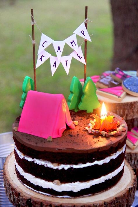 Camping Birthday Party Cake, Camping Cake Ideas, Camping Cake Topper, Backyard Camping Birthday Party, Camp Cake, Campout Birthday Party, Camping Party Ideas, Campfire Birthday, Camping Cake