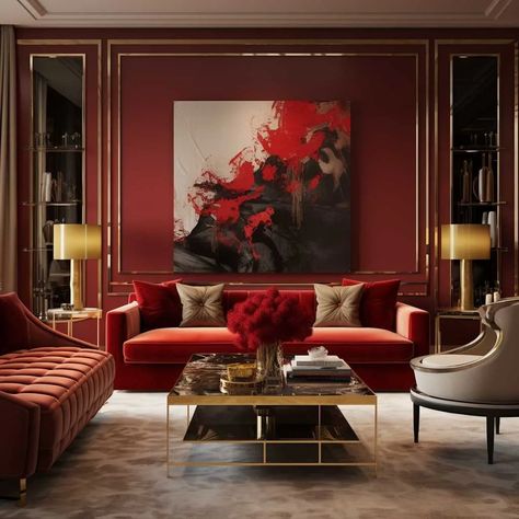 Infusing Passion with Red Living Room Decor Ideas • 333+ Inspiring Lifestyle Ideas Red Themed Living Room, Deep Red Interior Design, Red Living Room Decor Ideas, Black And Red Living Room, Red Living Room Decor, Red Interior Design, Red Ottoman, Red Living Room, Inspiring Lifestyle