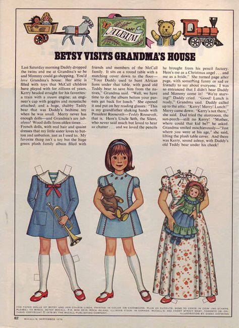 Betsy visits grandma's house....September 1976 Book Thoughts, Vintage Paper Doll, Betsy Mccall, Grandma's House, Puppet Show, Paper Dolls Printable, Paper Creations, Crafts Paper, Vintage Paper Dolls