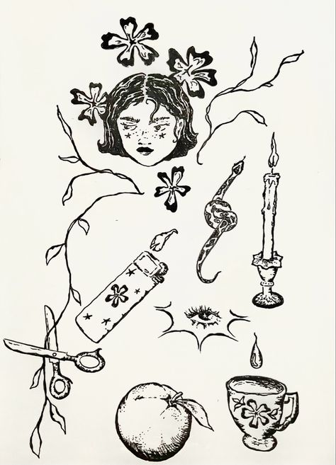 Sketch of Girl surrounded by flowers and plants, a snake that is in a knot, a candlestick, an eye , an orange, a drop falling into a teacup, a lighter, and scissors Vintage Art Tattoo Ideas, Sketch Like Tattoos, Noveau Art Tattoos, Alternative Flash Tattoo, Spine Tattoos American Traditional, American Vintage Tattoo, Tattoo Art Portfolio, Sharp Tattoo Designs, Dark Fem Tattoos