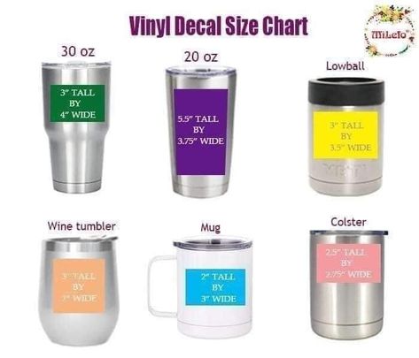 Decal Sizing For Tumblers, Vinyl Decal Size Chart, Decal Size Chart, Making Tumblers, Cricut Help, Projets Cricut, Vinyl Tumblers, Cricut Projects Beginner, Tumbler Cups Diy