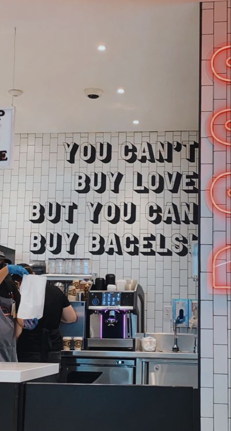 #bagels #food #airport #boutique #sign #phrase #jobs #neon sign #delicious #Nutella #cheese #flavors Bagel Store Design, Bagel Cafe Interior, Bagel Shop Ideas, Bagel Shop Interior, Bagel Shop Aesthetic, Bagel Wall, Bagel Company, Bagel Store, Bagel Cafe