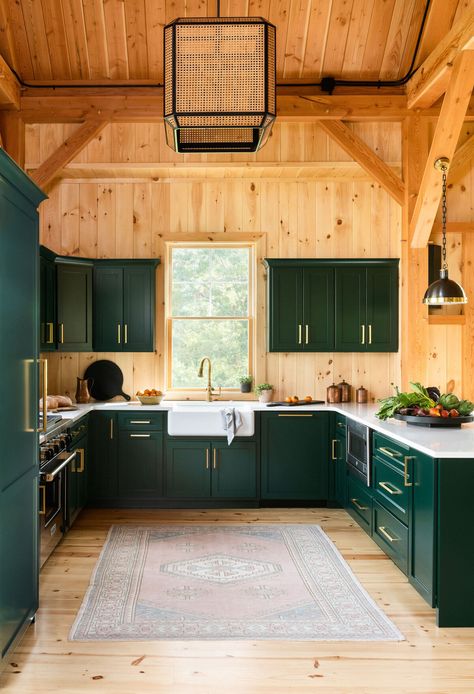 Evergreen Kitchen, Aesthetic On A Budget, Amun Ra, Green Cabin, Kitchen Cabinets Ideas, Bank Barn, Cabin Interior Design, Log Cabin Interior, Barn Kitchen