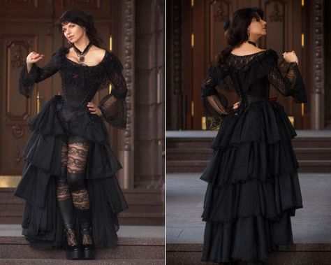 Black gothic dress in Rococo style. This dress consists of an overbust corset with steel bones, a long trail skirt, a short skirt, and lace bolero. The corset is decorated with beads and handmade flowers. The dress is made to order. ♥See all Gothic dresses: https://etsy.me/2YNuWK6 ♥See all cloaks and capes: https://etsy.me/3nM0GeC =SHIPPING= We provide Standard airmail shipping by default, but another option is express shipping via UPS, please, contact us for details. =CUSTOM ORDERS= It is possi Vampire Ball Gown, Black Gothic Wedding Dress, Corset Vampire, Gothic Rococo, Atlas Dress, Black Victorian Dress, Black Gothic Wedding, Tightlacing Corset, Wedding Dress Ruffle