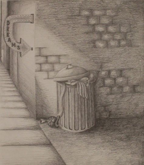 Trash Drawing Sketch, Trash Can Drawing Sketch, Trash Bin Drawing, Dumpster Drawing, Trash Can Drawing, Birds Eye View City, Ib Art, Art Trippy, First Drawing