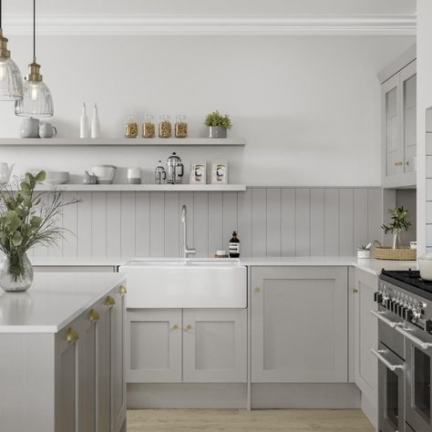 Howdens on Instagram: “Create a rustic kitchen by colour matching our paintable tongue and groove wall panelling to your cabinets; the perfect alternative to a…” Howdens Chilcomb, Dove Grey Kitchen, Kitchen Shaker Style, Grey Shaker Kitchen, Kitchen Shaker, White Kitchen Ideas, Howdens Kitchens, Grey Kitchen Designs, Quartz Worktops