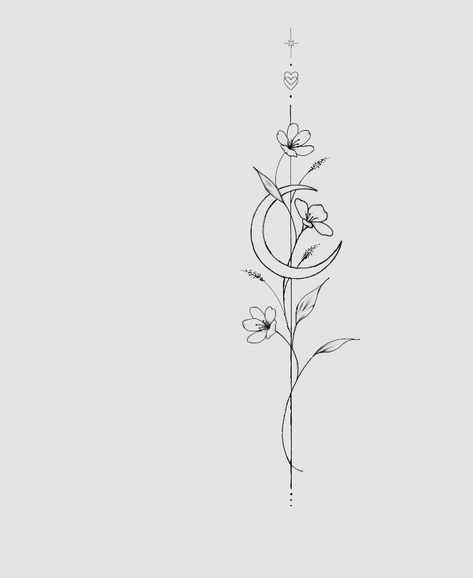 Small Floral Back Tattoo, Sun And Moon Back Tattoo Spine, Minimalist Tattoo Back Women, Sun Moon Spine Tattoo, Detailed Fine Line Tattoo, Vertical Flower Tattoo, Spine Line Tattoo, Plant Spine Tattoo, Unique Spine Tattoo Design