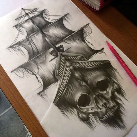 Ghost Ship Tattoo, Pirate Tattoos, Tattoos Ideas For Men, Pirate Ship Tattoos, Pirate Ship Tattoo, Navy Tattoos, Tato Tradisional, Pirate Tattoo, Tattoo Zeichnungen