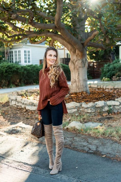 5 Ways To Style Over The Knee Boots Taupe Boots Outfit, Tan Boots Outfit, Angela Lanter, Over The Knee Boot Outfit, Nude Boots, Bota Over, Knee Boots Outfit, High Boots Outfit, Taupe Boots