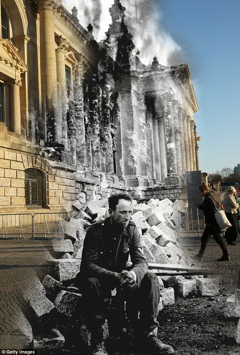 to know // Berlin, then and now: Fascinating images compare German capital in 1945 and 2015. Scars from the war are everywhere, many ghosts. Reichstag Building, Perang Dunia Ii, Berlin 1945, German Soldier, Ww2 History, Iwo Jima, In Flames, Nagasaki, German Army