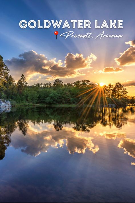 Sunset over Goldwater Lake in Prescott, Arizona Arizona Adventure, Prescott Arizona, Prescott Az, Ig Account, Gold Water, Arizona Travel, Canoes, American Southwest, Canoeing