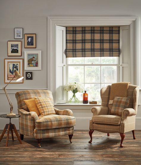 Period Living Room, Neutral Upholstery Fabric, Scottish Interiors, Window Film Designs, Fabric Roman Blinds, Period Living, Window Treatments Bedroom, Decorative Wall Panels, Check Fabric