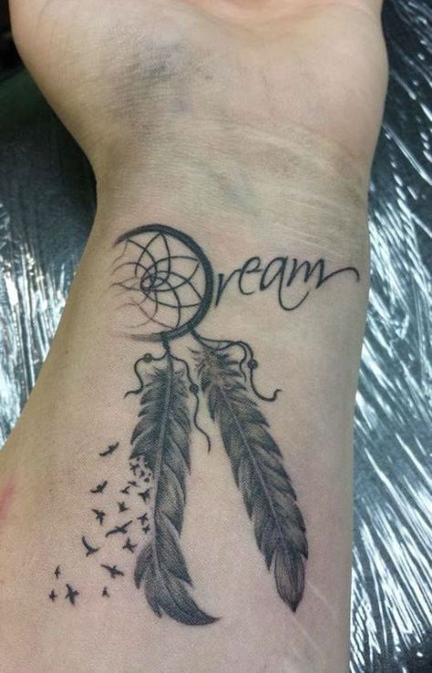 Most people will have tattoos for different reasons but fashion is the obvious one. Dreamcatcher tattoos are a special type of tattoos that people who have them on have strong cultural beliefs about them. These… Dream Catcher Wrist Tattoo, Inspirational Wrist Tattoos, Wörter Tattoos, Dream Catcher Tattoo Design, Native American Tattoos, Dream Catcher Tattoo, Small Wrist Tattoos, Wrist Tattoos For Women, Unique Tattoo Designs