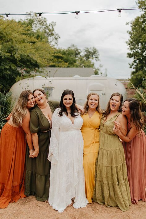 Bridesmaid Dresses For Fall, Airstream Wedding, 70s Wedding Dress, Rue De Seine Wedding Dress, Wrap Wedding Dress, Colorful Bridal Bouquet, Custom Jewelry Ideas, Dresses For Fall, Bridesmaid Dresses Boho