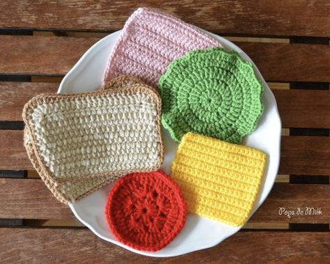 Sandwich Crochet Coasters (Free Pattern) Sandwich Crochet, Bucket Hat Pattern Free, Sandwich Design, Kids Play Food, Crochet Coasters Free Pattern, Fall Crochet Patterns, Hat Patterns Free, Crochet For Beginners Blanket, Crochet Coaster Pattern