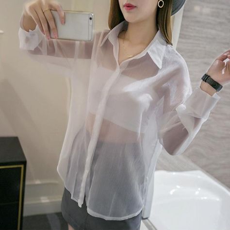 Smarter Shopping, Better Living! Aliexpress.com Transparent Shirt Outfit, Organza Blouse, Floral Dress Formal, Mens Fashion Smart, Shirt Blouses Women's, Cute Looks, Sheer Shirt, Cute Crop Tops, Crop Top Sweater