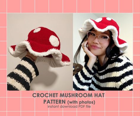 Mushroom Hat Pattern Crochet Cottagecore Autumn Fall Forest - Etsy Mushroom Cardigan Crochet Pattern, Mushroom Bucket Hat Crochet Pattern, Crochet Pattern Cottagecore, Mushroom Hat Knitting Pattern, Cool Crochet Hat Patterns, Crochet Mushroom Things, Mushroom Crochet Hat Pattern Free, How To Crochet A Mushroom Hat, Cottagecore Mushroom Hat