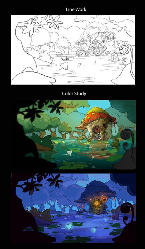 Deep into the Woods on Behance Cartoon Art Styles Background, Character Environment Illustration, Concept Art Scene, Color Study Art, Concept Environment Art, Digital Art Tutorial Step By Step, Woods Concept Art, How To Draw Backgrounds, Woods Drawing